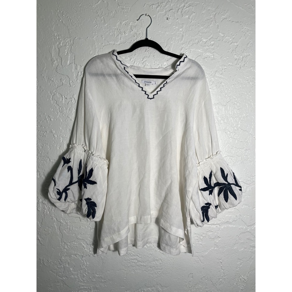 Chico's Size 4 US 20 White‎ Linen Blend Embroidered Balloon Sleeve Tunic